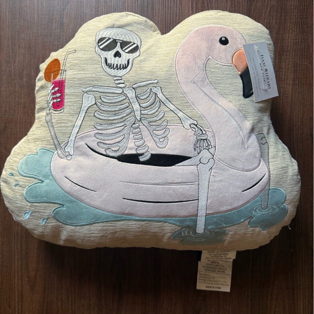 Isaac Mizrahi Skeleton and Flamingo Holiday Pillow - Cream and Pink